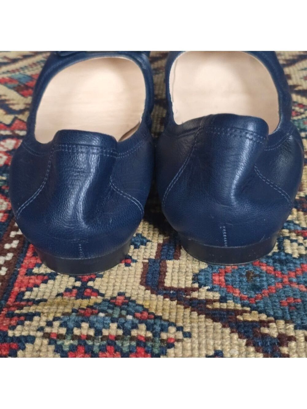 Cole Haan Emory Navy Leather Bow Gold Logo Ballet Flats - Picture 8 of 14